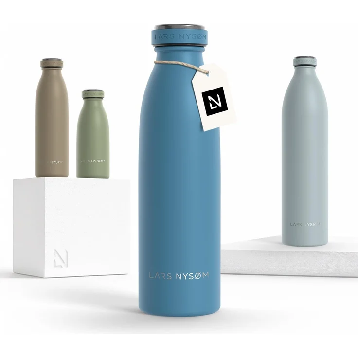 LARS NYSØM Edelstahl Trinkflasche 350ml, 500ml, 750ml, 1L, 1 5 liter | Thermosflasche Kohlensäure geeignet | Auslaufsichere Wasserflasche für Sport, Outdoor, Schule (Calypso Blue, 500ml)