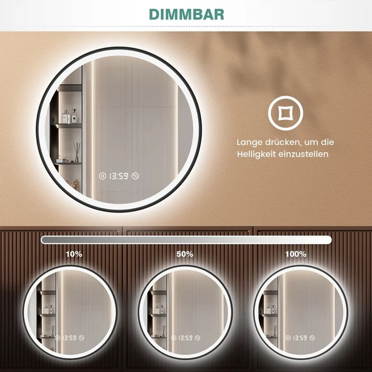 Pesenxan Runder LED Badspiegel Ø 70 cm, dimmbar, 3 Lichtfarben & Antibeschlag, 3-in-1-Touchsteuerung, 24h-Digitaluhr, mattschwarzer Aluminiumrahmen, für Badezimmer, Schwarz – Bild 4