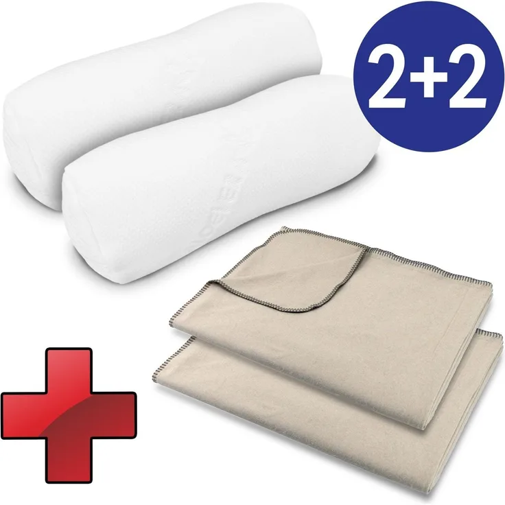 Reiseset bestehend aus: 2 x Knie- und Nackenrolle Visko 40 x 15 cm + 2 x Sleezzz® Smart Kuscheldecke 150 x 200 cm