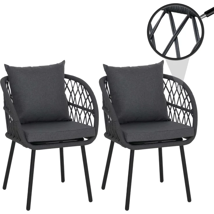 2er-Set Gartenstuhl HWC-Q38, Gartensessel Armlehne, Aluminium Seilgeflecht Rope ~ Gestell schwarz, Polster anthrazit