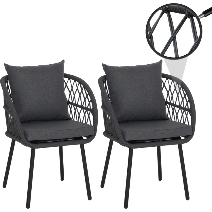 2er-Set Gartenstuhl HWC-Q38, Gartensessel Armlehne, Aluminium Seilgeflecht Rope ~ Gestell schwarz, Polster anthrazit – Bild 1