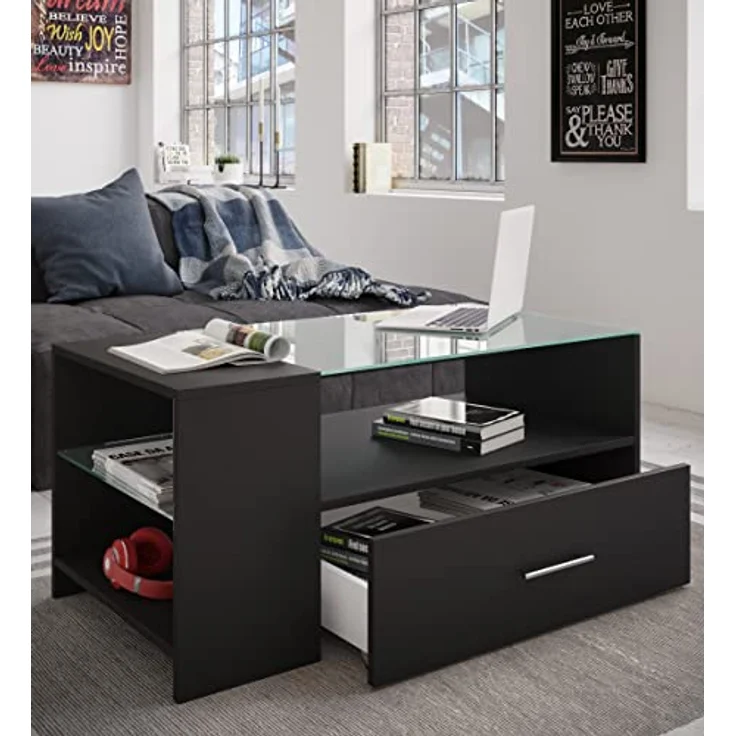 MID.YOU Couchtisch Schwarz, Glas-Holzwerkstoff, 1 Schublade, 100x45x50 cm mit Stauraum – Bild 5