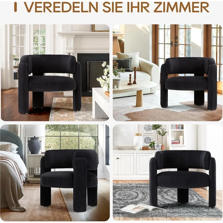 COLAMY Modern Velvet Ohrensessel 2er Set, Gepolsterter Sessel Wohnzimmer, Bequemer Runder loungesessel mit 3 Beinen für Wohnzimmer, Schlafzimmer, Leseecke, Schwarz – Bild 8