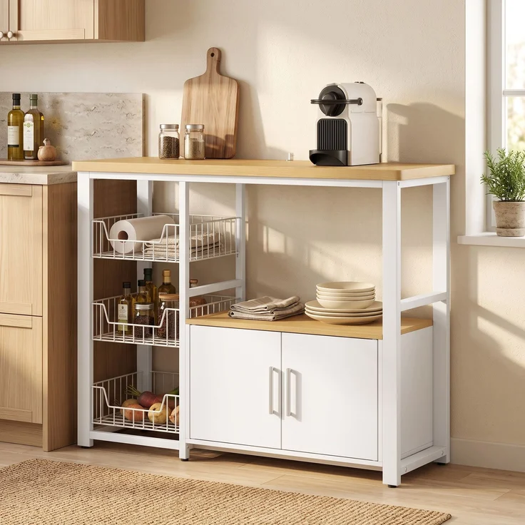 Wohnora-Küchenregal mit Stauraum, Mikrowellenregal mit 3 Körben und Schrank, 100 x 35 x 80 cm, Weiß,H 800cm x T 1000cm x B 350cm,Eiche – Bild 3