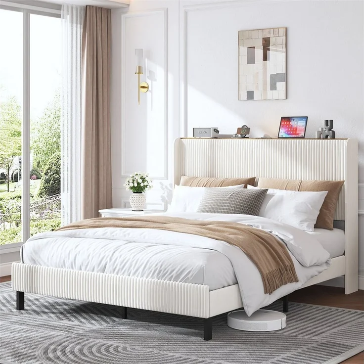 MODFU Polsterbett Gepolstertes Plattformbett mit Stoffköpfchen (Flügelkantendesign – rutschfest & geräuscharm. Robuste Metalllatten, 1-tlg, 160*200) – Bild 5