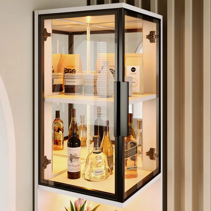 ZUBALIYA 205cm hoher LED-Vitrinenschrank mit doppelten Glastüren und verspiegelter Rückwand, mit farbwechselnder Beleuchtung und Kippschutzvorrichtung–elegant, vollständig transparent–Weinschrank, Bücherregal, Weiß – Bild 5