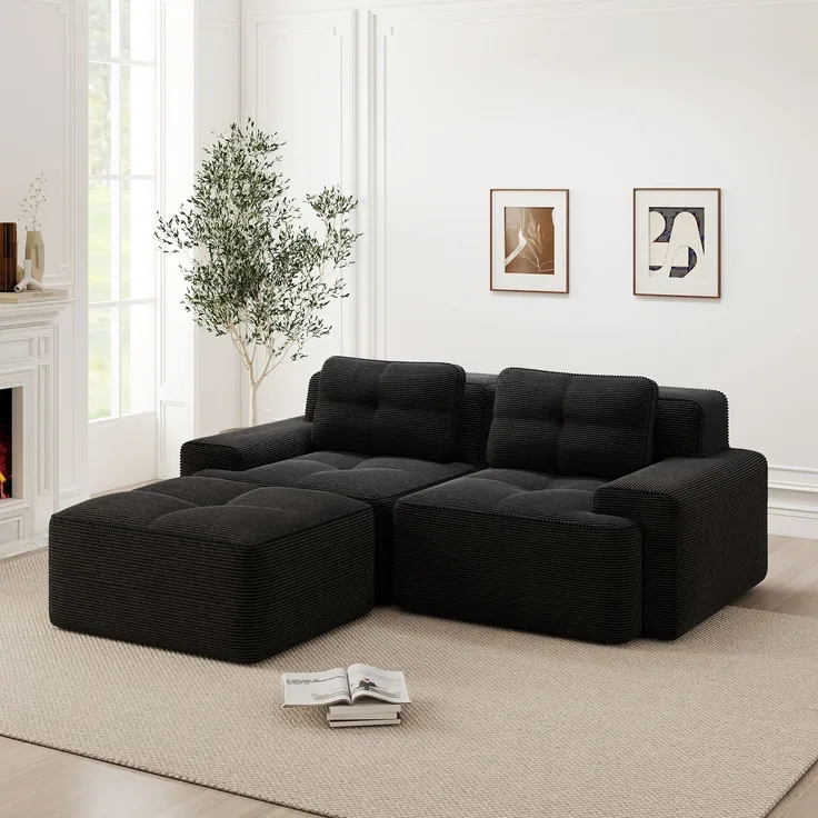 Boneless Modulsofa,Modernes L-förmiges Modulsofa für Wohnzimmer mit Tiefem Sitz bequemes Corduroy-Cloud-Sofa mit Ottoman Getuftetes Zweisitzer-Schlafsofa,Corduroy,Schwarz,