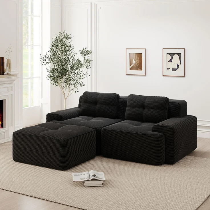 Boneless Modulsofa,Modernes L-förmiges Modulsofa für Wohnzimmer mit Tiefem Sitz bequemes Corduroy-Cloud-Sofa mit Ottoman Getuftetes Zweisitzer-Schlafsofa,Corduroy,Schwarz, – Bild 1