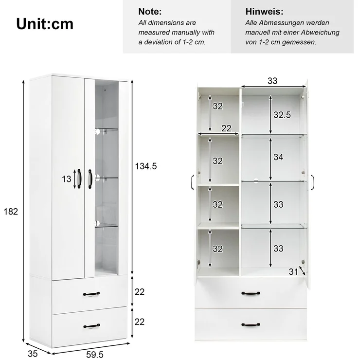 (319020021WAA))LED-beleuchtete Vitrine, 2 Türen, Standvitrine mit transparenter Tür, freistehende Vitrine Weiße LED-Vitrine Wohnzimmer Wohnzimmerwand LED-Vitrine LED-Schrank Buffetschrank--Weiß--59.5x35x182cm--YOUDENOVA – Bild 2