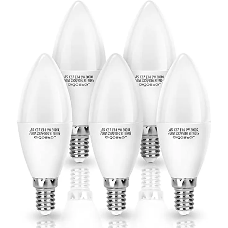Aigostar LED Glühbirne E14 C37, 9W Warmweiß 3000K, 840 Lumen, 260° Abstrahlwinkel, 5 Stück