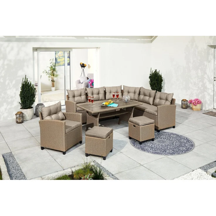 KONIFERA Gartenlounge-Set Keros Premium, (Set, 20-tlg, 2x 2er Sofa, 1x Ecke, 1x Sessel, 2x Hocker, 1x Tisch 145x75x67,5cm), Ecklounge, Polyrattan, Stahl, geeignet für 8 Personen, inkl. Auflagen – Bild 1