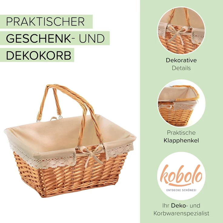 Kobolo Dekokorb Weidenkorb Korb - Klapphenkel - mit Leinentextil, in Handarbeit hergestellt – Bild 2