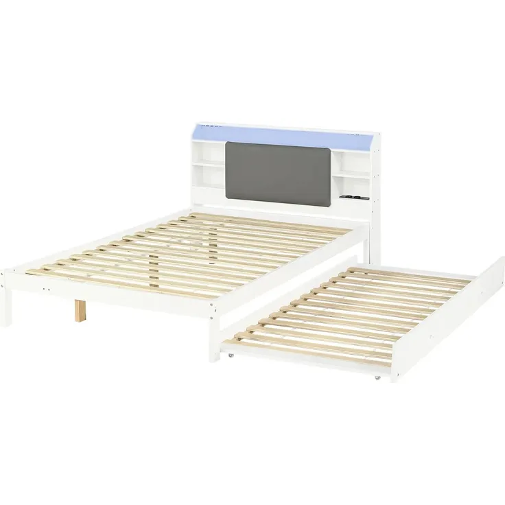 Massivholzbett mit RGB LED-Streifen, Stauraum, Lattenrost, Ausziehbett, Type-C und USB, Kopfteil mit Regal, 120x200 cm, Einzelbett, Kiefer – Bild 7