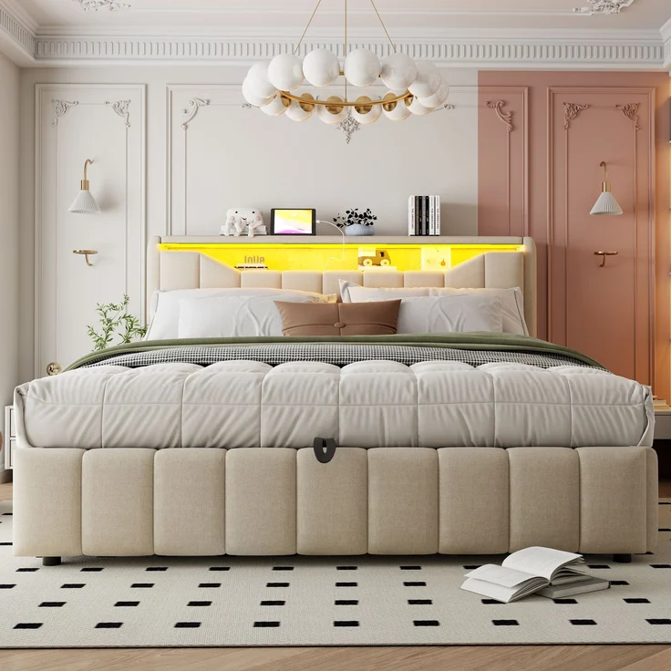 LVHOM Doppelbett 180 x 200cm mit Hydraulik und Stauraum, Funktionsbett mit LED & USB, Polsterbett mit Kopfteil-Fach, Leinen, Beige – Bild 9