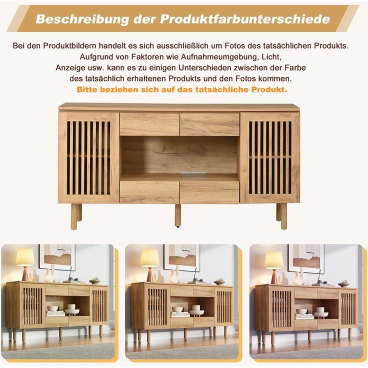 ZUBALIYA Sideboard 140x35x71 cm, mit 4 Schubladen, aus MDF, Natur – Bild 16