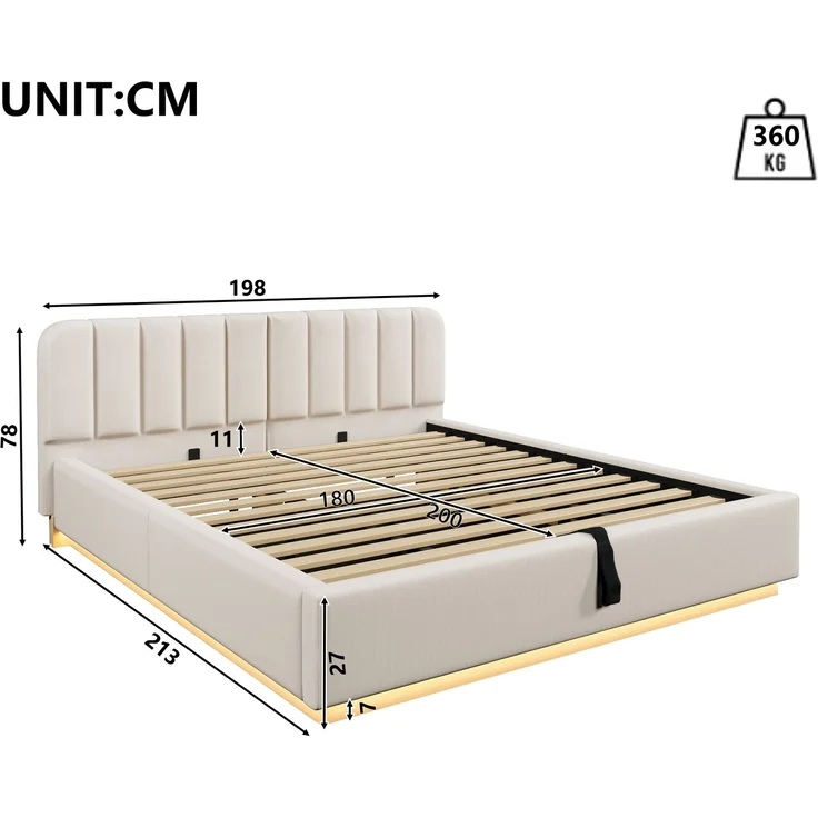 Polsterbett, Doppelbett, 180 x 200 cm, Bett mit Lattenrost, Kopfteil, Gepolstertes Kopfteil, Hydraulische Lagerung, Mit LED-Lichtleiste, Ohne Matratze, Beige Chenille – Bild 7