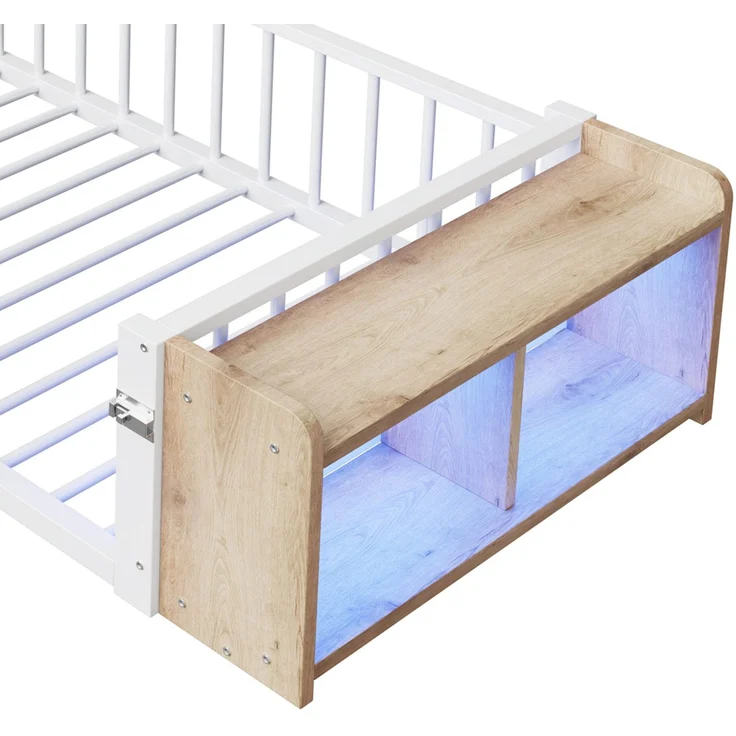 Kinderbett mit LED-Streifen, Regal, Zaun, Lattenrost und Tür, 90x200 cm, Einzelbett mit Rausfallschutz, Metallbett – Bild 10