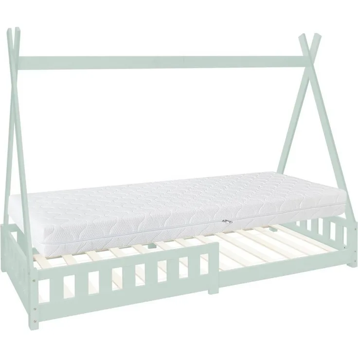 ML-DESIGN Spielbett Hausbett Tipi Zeltbett inkl. Lattenrost Bodenbett Kinder Himmelbett, Abenteuerbett mit Rausfallschutz Zelt Bett Kiefer Mint Kinderhaus