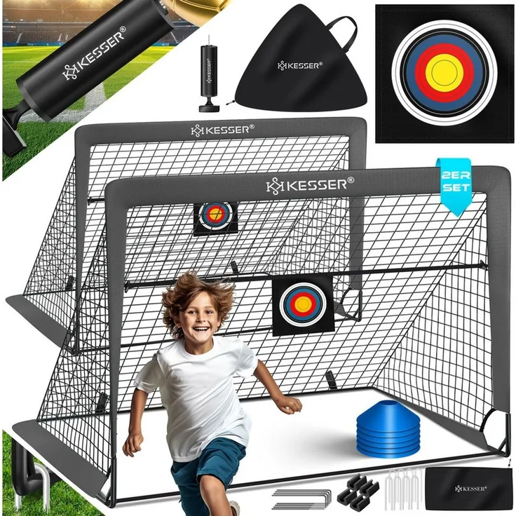 KESSER Pop-Up Fußballtor, 2er Set, mit Transporttasche, 6x Hütchen, Ballpumpe & Zielscheibe, Glasfaserstangen, 120x90 cm, Anthrazit