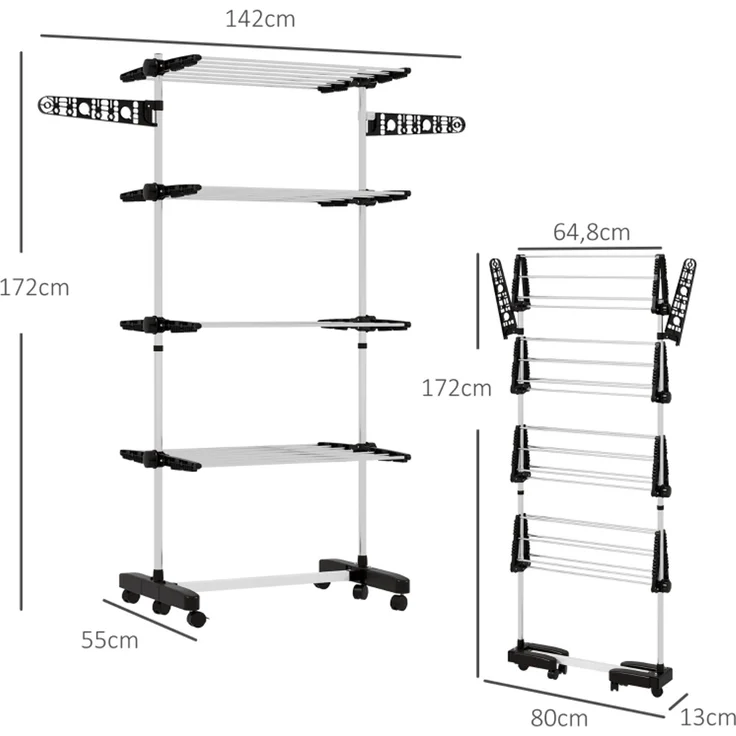 Faumrta Wäschenständer Wäschetrockner 5 Ebenen, klappbar, One-Klick-System, 142 cm x 55 cm x1 72 cm, Schwarz + Silber142CM*55CM*172CMSchwarzStainless Steel – Bild 3