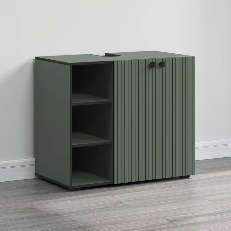 trendteam smart living - PureBliss - Waschbeckenunterschrank - Grün - Rillenoptik - 3 offene Fächer + 1 Einlegeboden - (BxHxT) 90 x 79 x 53 cm - edle Metallgriffe – Bild 3