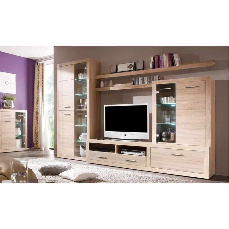 moebel-dich-auf Wohnwand CAN CAN, (in Eiche Sonoma, Vitrine + Lowboard + Aufsatzvitrine + 2x Wandboard), inkl. LED-Beleuchtung – Bild 1