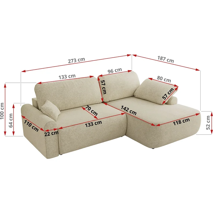 Ecksofa, L-förmiges, lose Kissen, DL-Schlaffunktion, (H 100 x T 187 x B 273 cm) - CUBO L - Struktur Creme - linke Seite – Bild 6