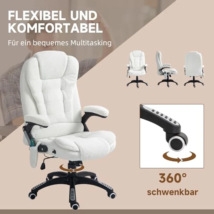 Vinsetto Schreibtischstuhl Bürostuhl mit Massagefunktion, mit Wärmefunktion, Chefsessel (Massagesessel, 1 St), für Wohnbereich, Weiß – Bild 9