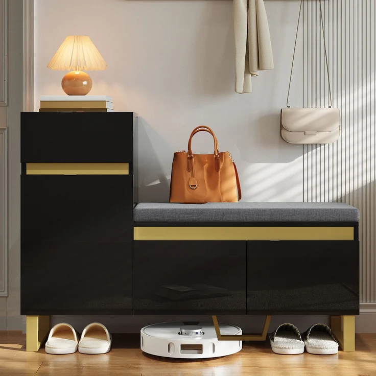 Schuhschrank mit Sitzbank, Schublade und offenem Fach, zweifarbiges Design, praktischer Stauraum,Schwarz – Bild 3