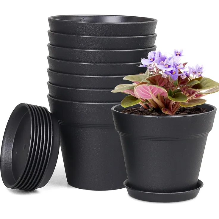 Blumentopf Set 8er Packs 10cm mit Untersetzer Schwarz Hydrokultur Topf
