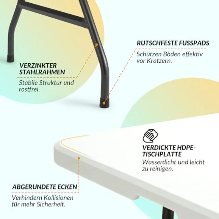 Velway Buffettisch Gartentisch klappbar mit Koffergriff - 180 x 74 x 74 cm Wetterfest Kunststoff Klapptisch Leicht zu Reinigen für Garten Terrasse Balkon Camping Partytisch Campingtisch - Weiß – Bild 6