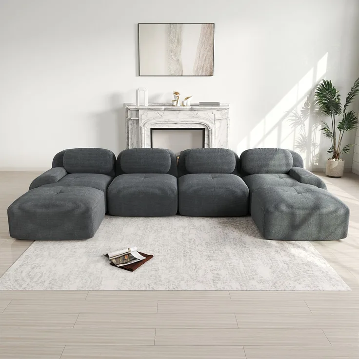 EINHOM Modulares U-Sofa ohne Montage, Rahmenloses Sofa, atmungsaktiver Cordstoff, 32D hochelastische Polsterung, extra-breite Armlehnen, haustierfreundlich und ergonomisch für Wohnzimmer und Schlafzimmer, Grey