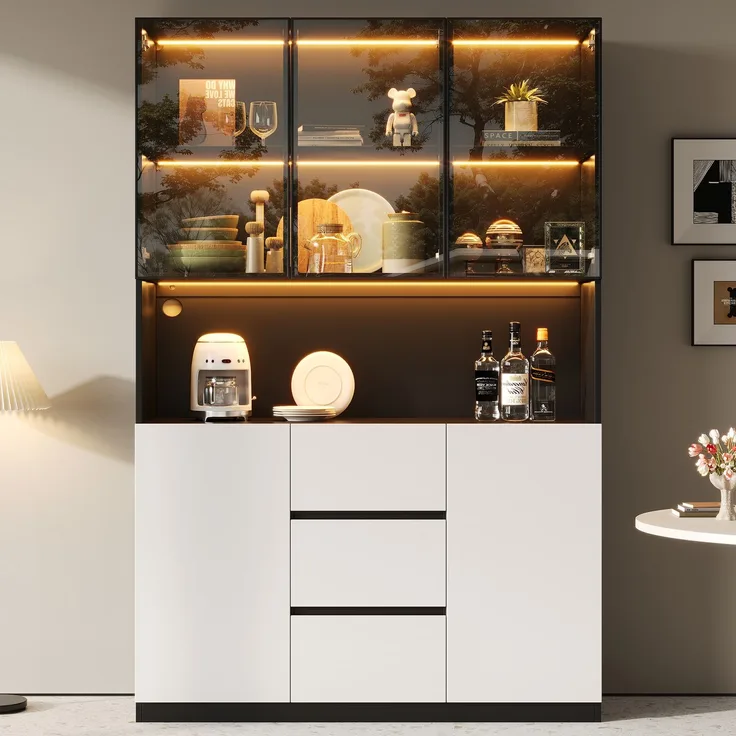 ZUBALIYA LED-beleuchtete Glasvitrine 120×40×200 cm – Vitrine aus gehärtetem Glas mit offenen Regalen, drei Schubladen und zwei Türen. Ein vielseitiger Schrank, der sich für Wohn- und Esszimmer eignet.
