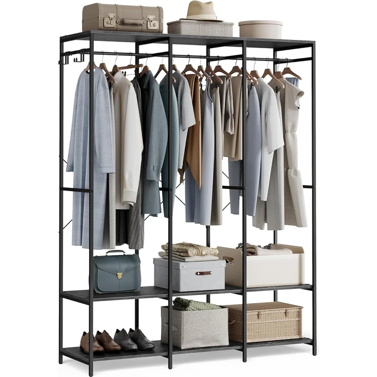 SONGMICS Kleiderschrank offen, Kleiderständer, Garderobenständer, Garderobe mit Kleiderstange, Ablagen, abnehmbare Haken, 40 x 141 x 180 cm, ebenholzschwarz RGR005B56 – Bild 1