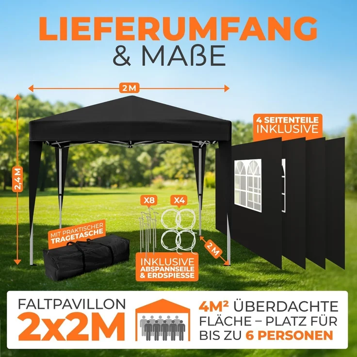 Kronenburg Faltpavillon wasserdicht Dachmaß 2x2 m UV Schutz 50+ Pavillon in Schwarz mit 4 Seitenteilen – Bild 2