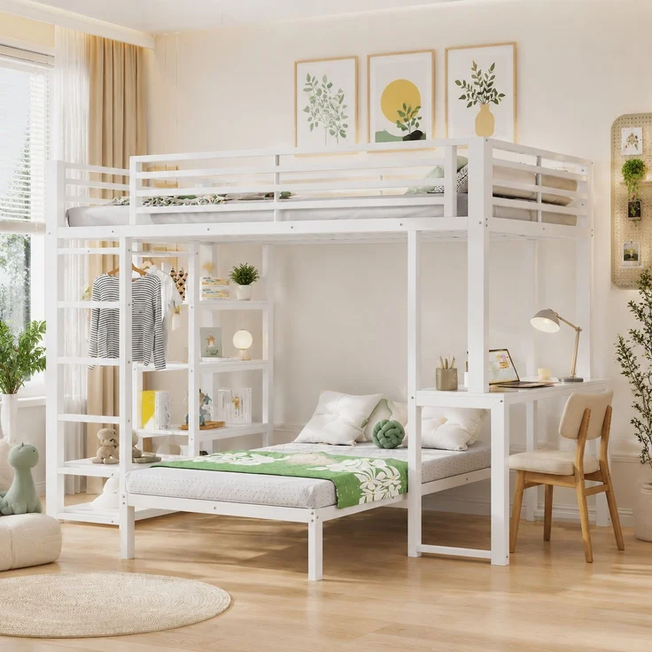 Zwei Schlafplätze,Hochbett,Eisenrahmen,90 x 200 cm,Schreibtisch,Doppelsteckdose mit USB-und Type-C-Schnittstelle,4 mehreren Regalen,Kleideraufbewahrung,En747zertifiziert,ohne Matratze,Weiß – Bild 2