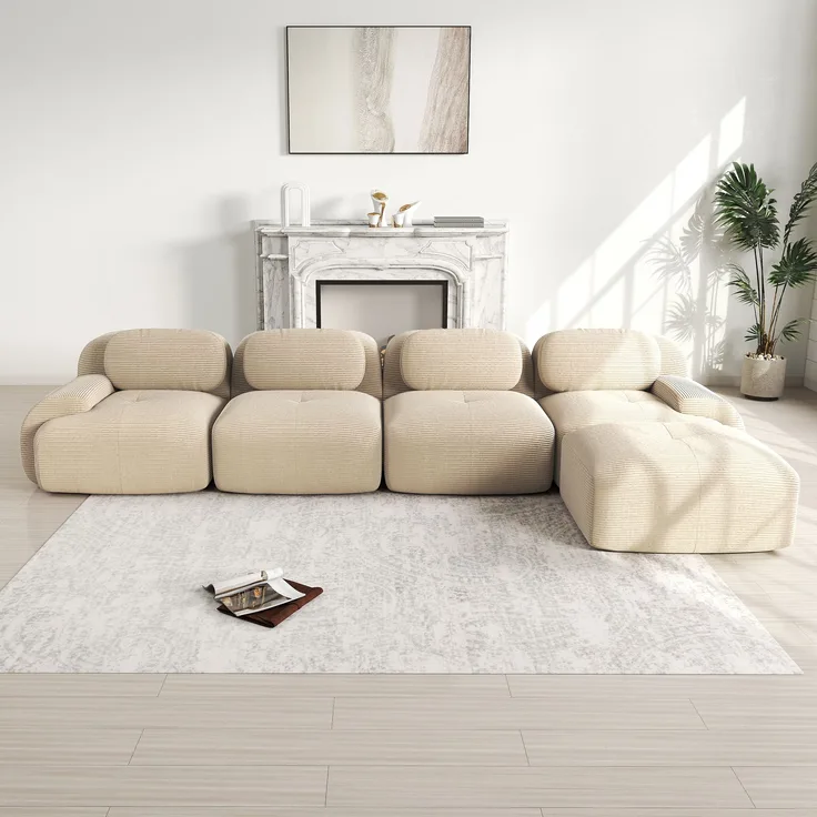 4-Sitzer Ecksofa mit 32D hochelastischer Polsterung,rutschfest mit Chaiselongue extra-breite Armlehnen frei kombinierbar ohne Montage für Büro Wohnzimmer und Heimkino,Beige,