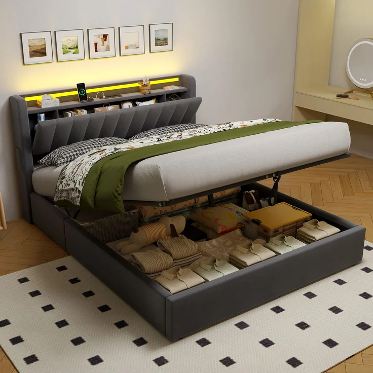 Polsterbett 160 x 200 cm aus Samt mit Stauraum, USB-Anschluss und LED-Beleuchtung, Dunkelgrau – Bild 2