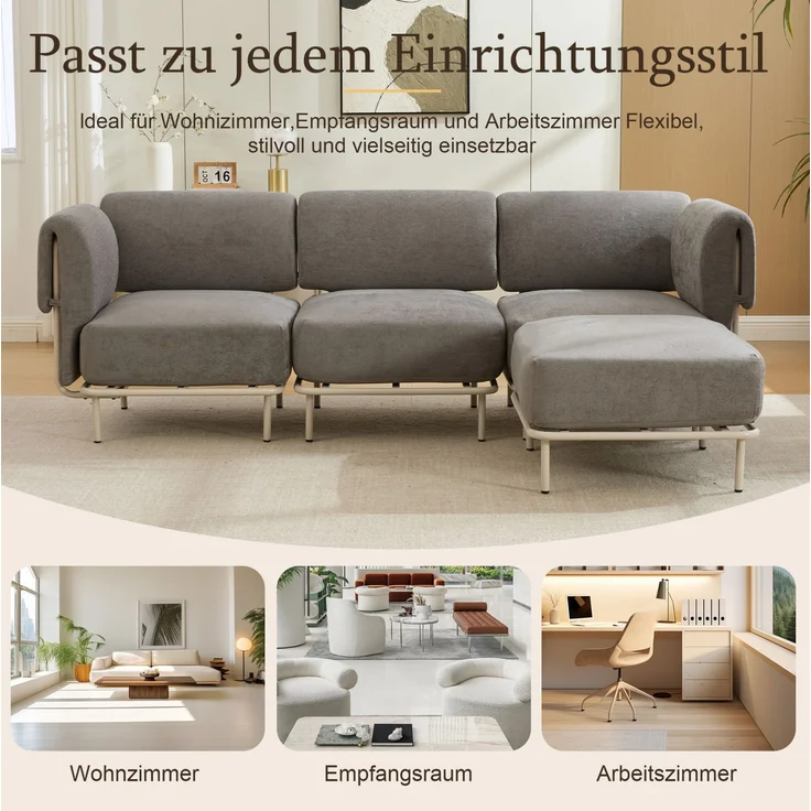 DESVIAE Sofa Grau aus Chenille – 251x78x155 cm – modular, Hocker – Bild 5