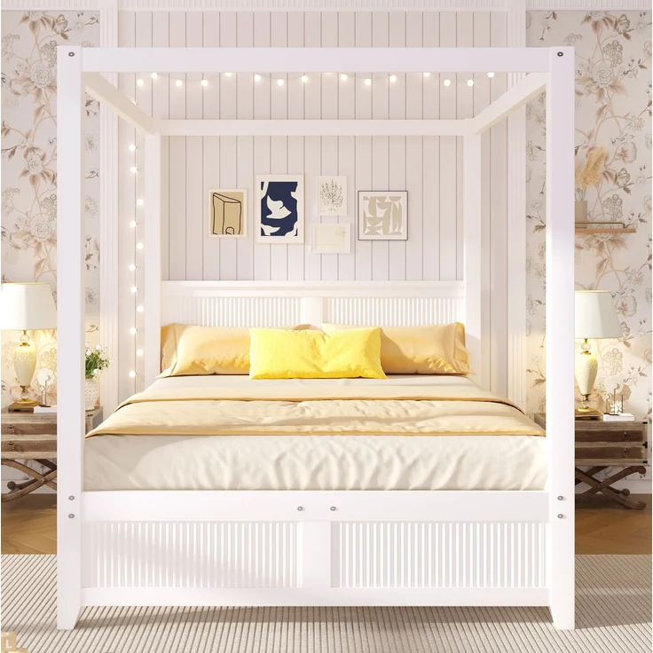 Himmelbett aus Kiefernholz und MDF mit Dachrahmen, 140x200 cm, Weiß, ohne Matratze – Bild 2