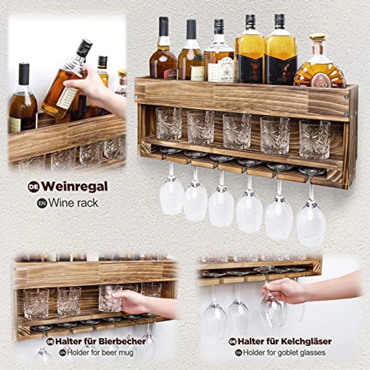 Yorbay Weinregal Weinregal aus Holz, Wandbar mit Korkhalter, Holzregal für Weingläser, Whiskygläser, Wandmontage Wand Flaschenhalter Vintage Stil für Hausbar – Bild 5