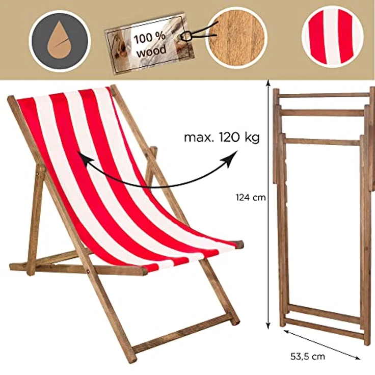 Springos Liegestuhl Buchenholz, klappbar und imprägniert, 3-stufig regulierbar, bis 120 kg belastbar, für Garten und Strand – Bild 3