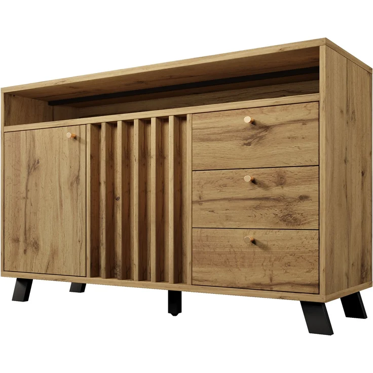 Merax Sideboard Kommode mit 3 Schubladen und 2 Türen Stauraumschrank mit offenem Fach und Lamellenfront im Vintage Stil für Wohnzimmer Esszimmer Flur und Eingangsbereich in dunkler Eiche – Bild 9