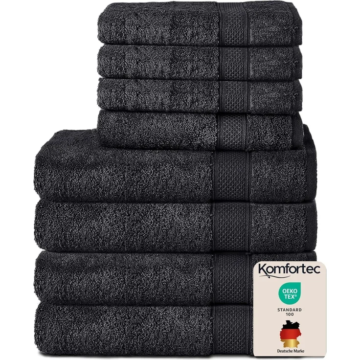 Komfortec 8er Handtuch Set aus 100% Baumwolle, 4 Badetücher 70x140 und 4 Handtücher 50x100 cm, Frottee, Weich, Towel, Groß, Schwarz