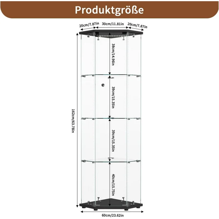 Simurq Glasvitrine Eckvitrine 162cm LED Sammlervitrine,4 Lagen Eck-Glasvitrine Stehend (Packung, Sammlervitrine Schauvitrine mit 1 türen und Schloss, Gehärtetes Glas) LED-Streifenbeleuchtung, Mit Schloss,Fünfeckiges Design,Einzeltür – Bild 2