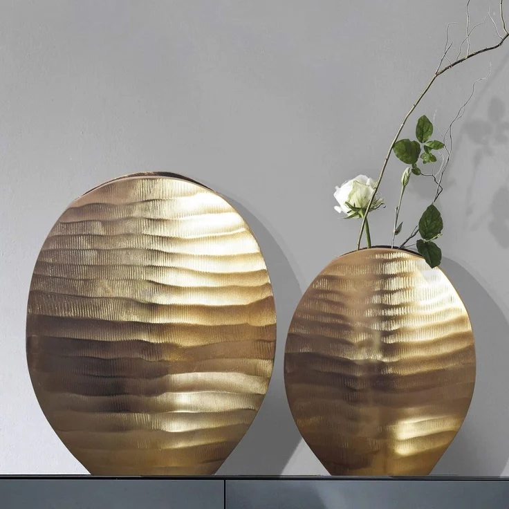 Deko Vase 2er Set Aluminium Gold Blumenvase Wellenmuster Modern – Bild 2