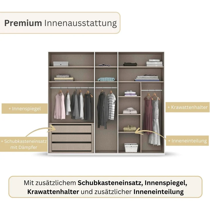 rauch Kleiderschrank Drehtürenschrank Schrank Garderobe Wäscheschrank BESTSELLER MONTCLAR (3 Ausstattungen BASIC/CLASSIC/PREMIUM (SOFT-CLOSE), Breiten 201-400 cm) Front in Glas/Hochglanz/Dekor/Grauspiegel in 5 Breiten MADE IN GERMANY – Bild 4