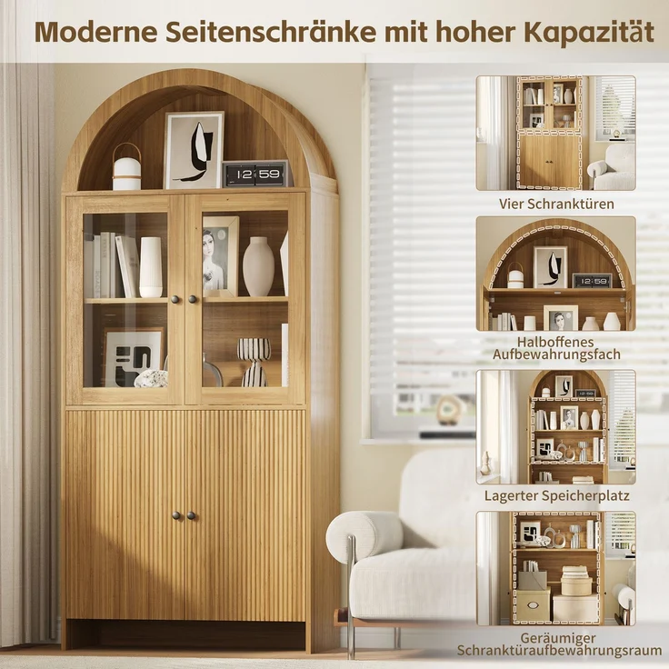 Sideboard mit Bogendecke , Vitrine mit Glastüren , Geschlossener Aufbewahrungsschrank mit Wellenmuster , Wohnzimmerschrank--Natürlich--78x40x176cm--YOUDENOVA – Bild 10