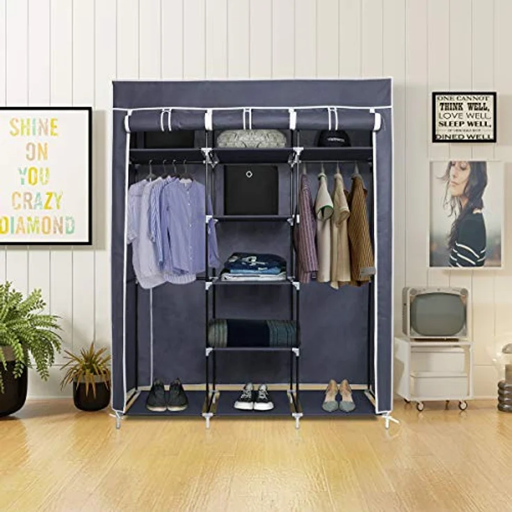 Mondeer Stoffschrank für Schlafzimmer, Kleiderschrank, zusammenklappbar, mit sechs Reißverschlüssen und DREI Türen, schneller Zugriff, 175 x 150 x 45 cm, großes Stauraum, Grau – Bild 7