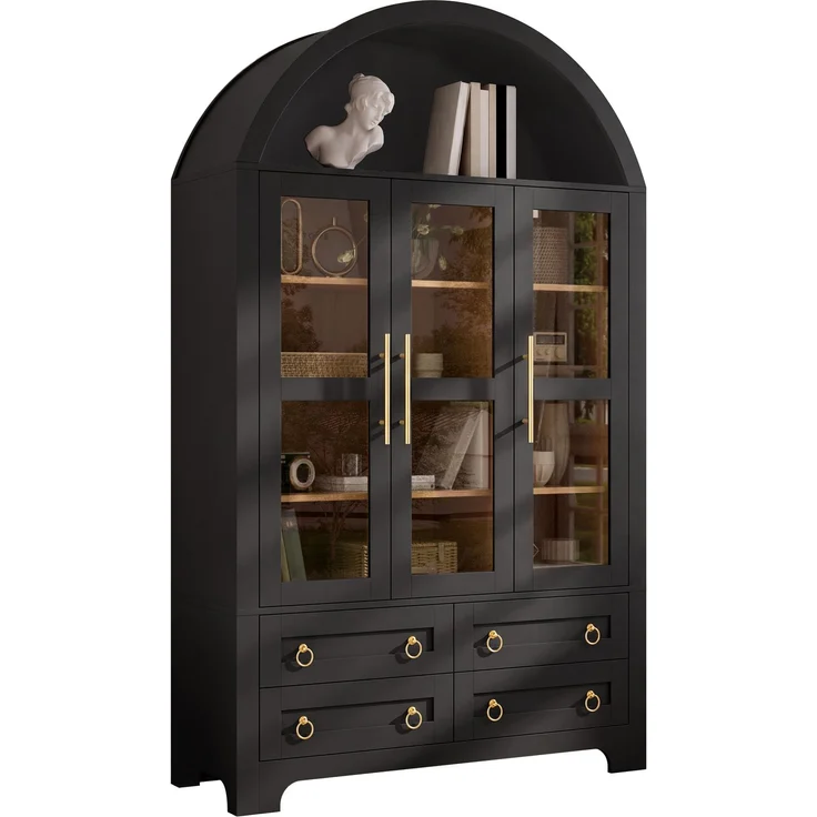 Flieks Vitrinenschrank, Hochschrank mit 3 Glastüren, 4 Schubladen & offener Bogennische, 110 x 40 x 185 cm, Schwarz – Bild 10